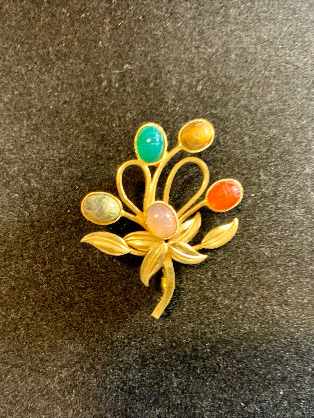 Gold Floral Multi-Semiprecious Scarab Brooch Pink, Green, Orange, Yellow, Blue